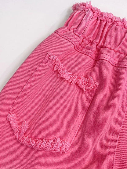 Girls Summer Outfit Set – Sleeveless Bow Top & Gradient Ripped Denim Wide Leg Pants, Fashionable Kids Casual Wear