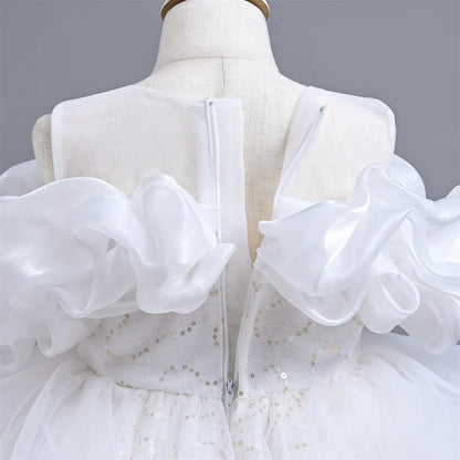 New Girl's Wedding Evening Dress Petal Sequin Mesh Sleeveless Dress Birthday Party School Graduation Party Dress