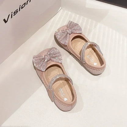 Children's Leather Shoes Bling Sequins Bowknot Princess Shoes for Girls Sweet Chic Kids Causal Wedding Shallow Versatile
