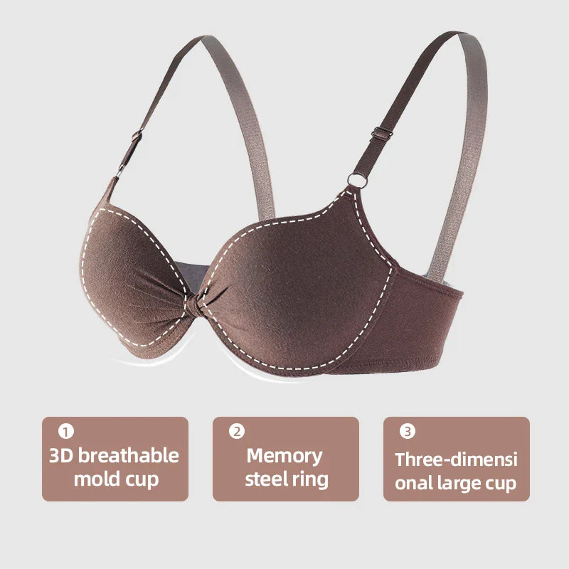 Women's Sexy Cotton Gathered Bra Deep V Underwire Ladied  Brassiere Push Up Lingerie Solid Bras Backless Intimate Underwear