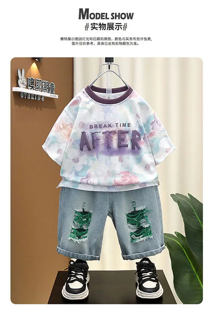 New Children's Printed Thin T-shirt+ hole Denim Shorts Teenager Boys Summer Fashion outfits