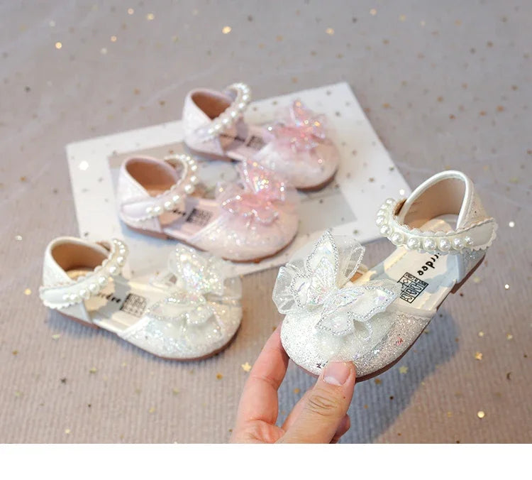Girls Dress Shoes for Wedding Party Bling Sequins with Rhinestone Butterfly Sweet Princess Chic Kids Flat Shoes Lace Beaded