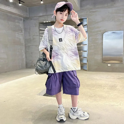 Hip Hop Children Cotton Solid Sportswear Kid Boys Clothing Set Boys Summer Suit Teen Boys Short Sleeve + Pants 2piece  loose