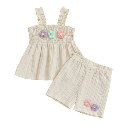 0-4years Baby Girl Summer Outfit 3D Flower Design Ruffled Trim Smocked Sleeveless Tops and Shorts 2 Pcs Set for Toddler girls