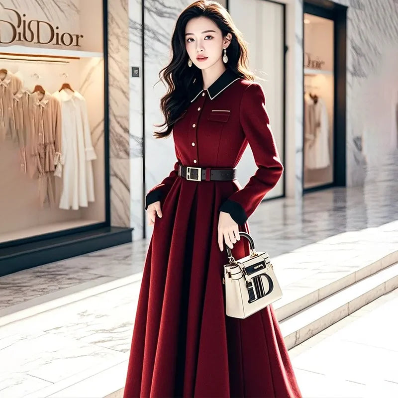 French Wine Red Dress Women's Late Dresses Spring Autumn  New Super Good-Looking Official Occasion Waisted Chic Long Dress