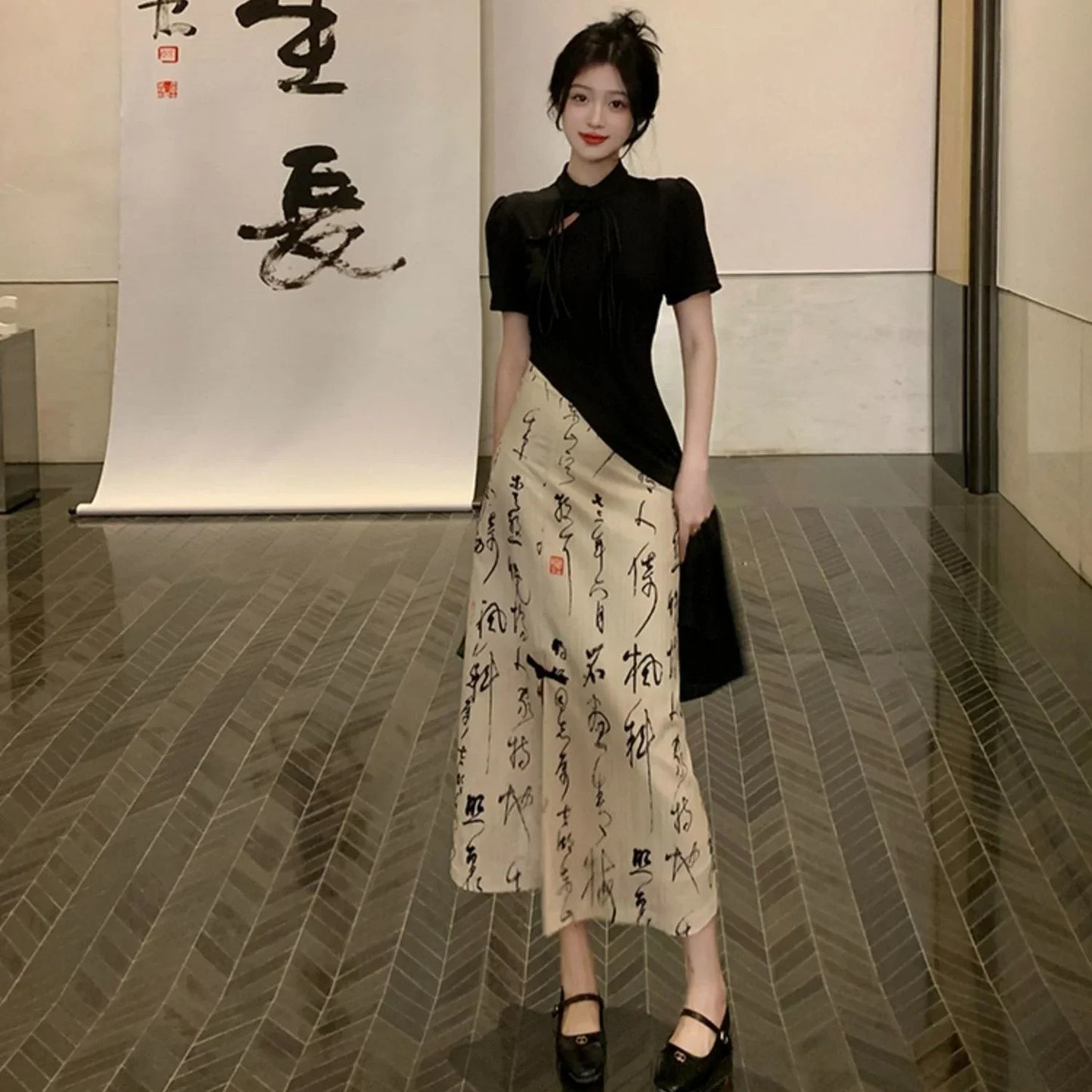 New Chinese Style High Grade Irregular Calligraphy Half Body Dress Fashion Qipao Two Piece Set Skirt Women's Summer Hanfu Suit
