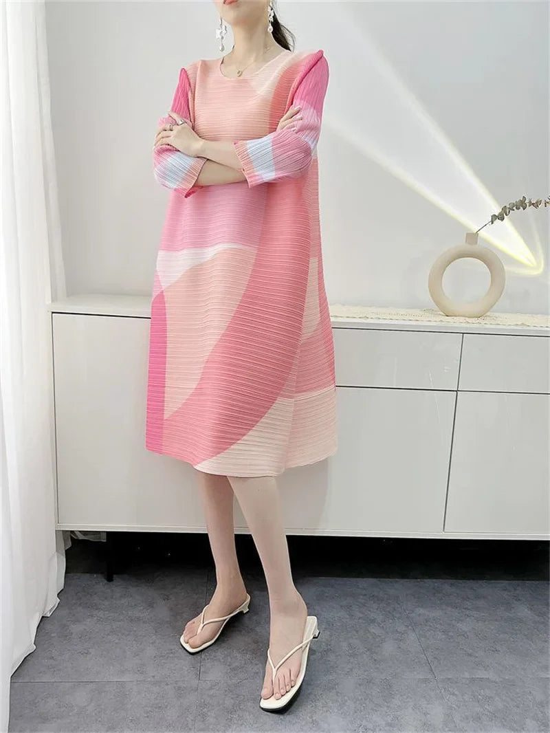 Womens Dresses Evening Dresses New Beautiful Printed Pleated Dress Summer age Plus size Fashion Loose Mid-year Long Female Skirt