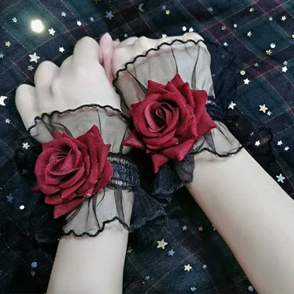 Dark Gothic Red Rose Wristband Flowers Mesh Hand Ornaments Fake Sleeve Detachable Lace Wrist Bands Bracelets Accessories