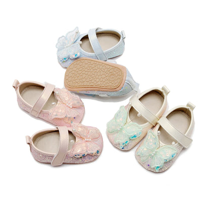 Shiny 3D Butterfly Princess Dress Shoes for Baby Girl Glitters Flats Non-Slip Crib Shoes Walking Shoes for Toddlers Infants