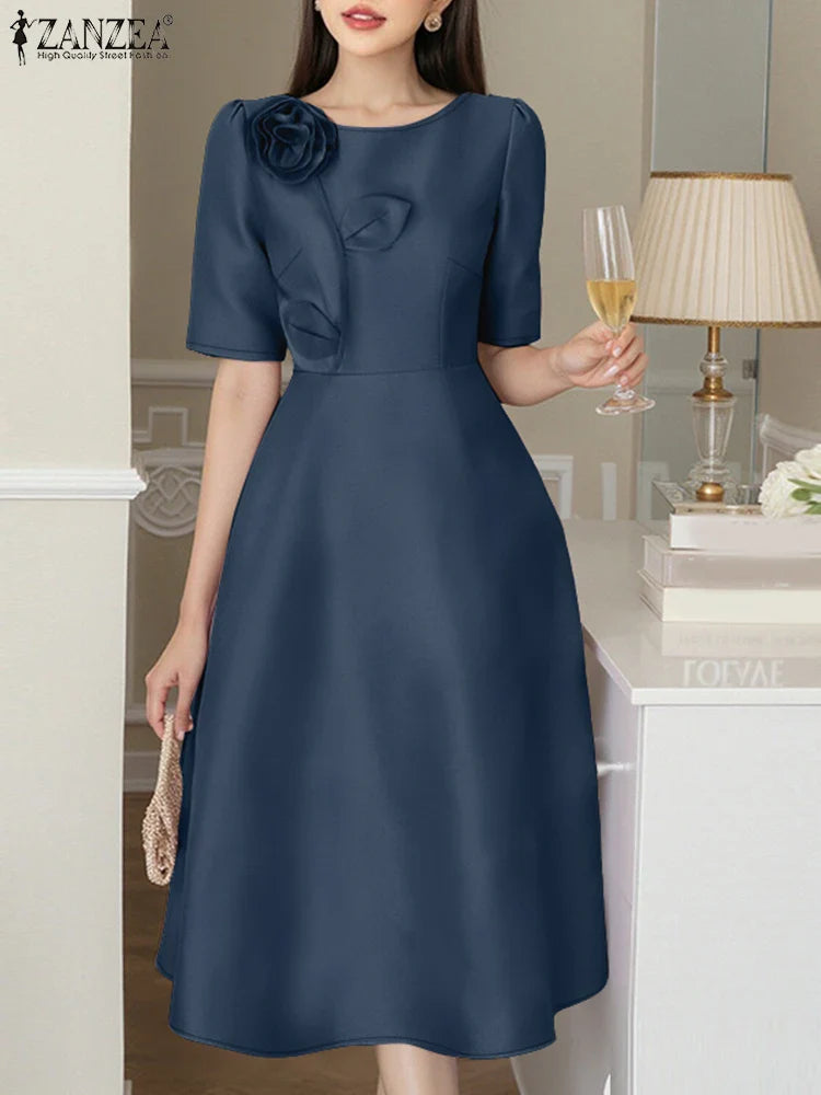 Woman Party Dresses Shiny Satin Round Neck Short Sleeve Fabric Flower A-line Robes Femme Fashion Midi Vestidos