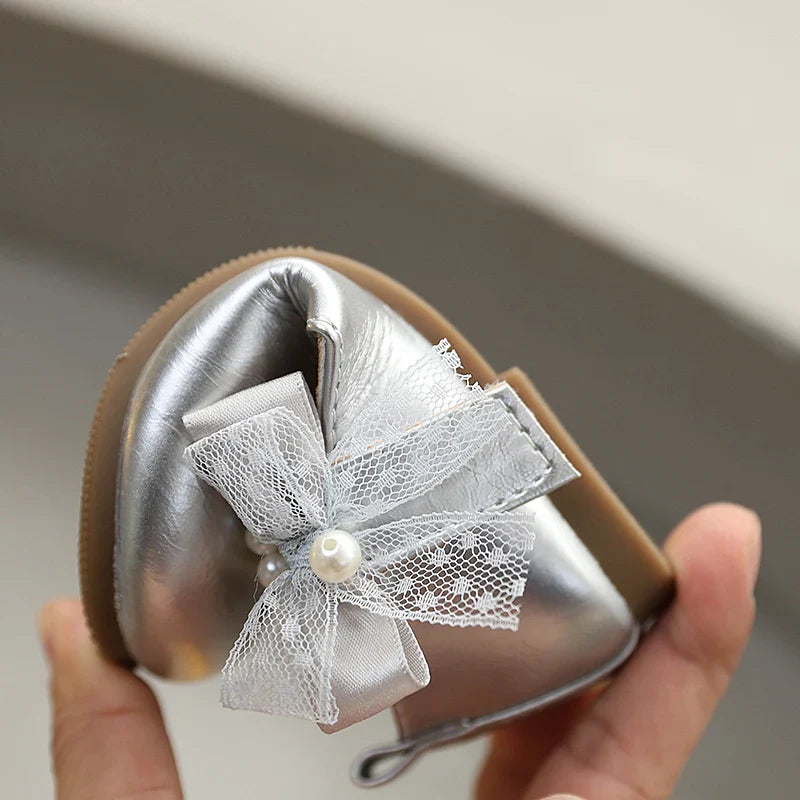 New Spring Autumn Kids Leather Shoes Side Bowknot Little Girls Dress Flat Shoes Elegant Children Princess Ballet Shoes for Party