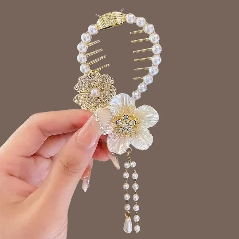 Ladies Butterfly Rhinestone Pearl Metal Hair Claw Round Bun Ponytail Holder
