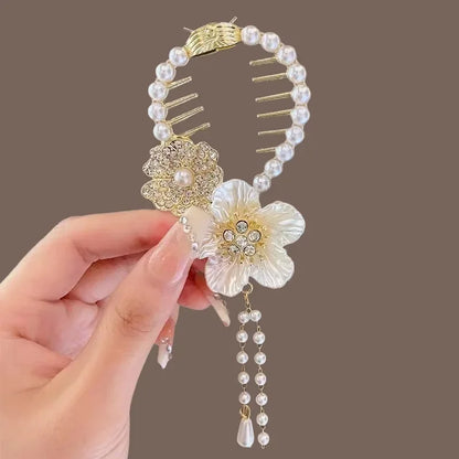 Ladies Butterfly Rhinestone Pearl Metal Hair Claw Round Bun Ponytail Holder