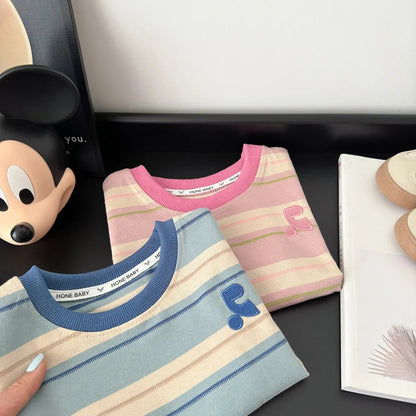 Summer Cotton Children Striped Short Sleeved Embroidered T-shirt for Boys and Girls Korean Versatile Short T-shirts Fashion Top