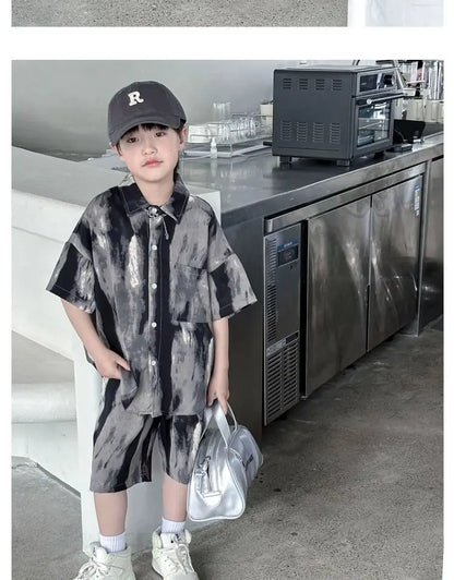 Boys Fashion Summer Tye-die Short Sleeve Shirts+Pants 2pcs Suits Years Kids Trend Streetwear Oufits Sets Children Clothing