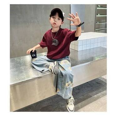 Boys' Summer Outfit Sets New Style Children's Short Sleeved T-shirt Long Pants Two-piece Suits Big Children's Stylish Sets