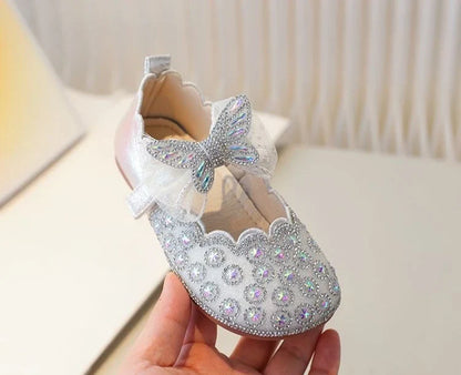 Girls Crystal Princess Footwear Comfortable Flat Sole Leather Shoes for Kids Glittering Rhinestone Design