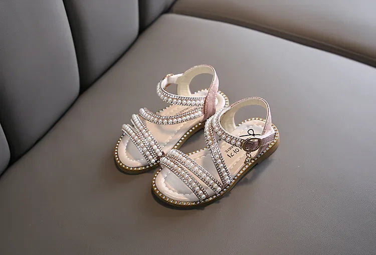 Summer Children's Sandals Korean Style Open-toe Kids Girls Causal Rhinestone Pearl Flats Sandals Fashion Princess Dress Shoes