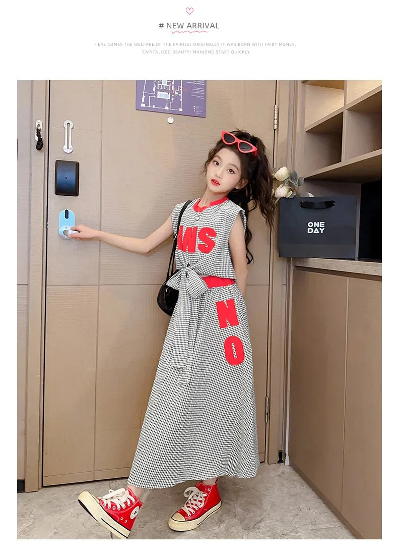 Girls Clothes Summer Kids Fashion Letter Vest + Skirt 2pcs Set Children Clothing Suit Teen Girl Plaid Bowknot Sleeveless Outfits