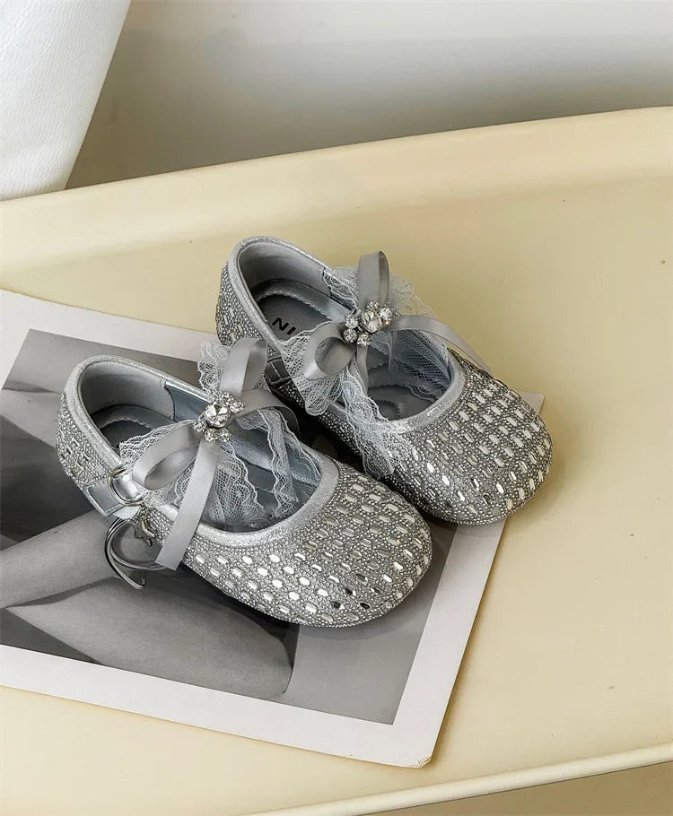 Children Shoes For Girls Leather Bow Rhinestone Princess Shoes Soft Sole Outdoor Fashion Kids Sneakers EU 26-33