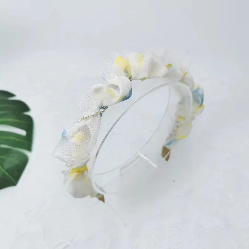 French Pearl Headband – Crinkled Fabric with Floral Print, Padded Volumizing Hairband for Women Headbands for Women