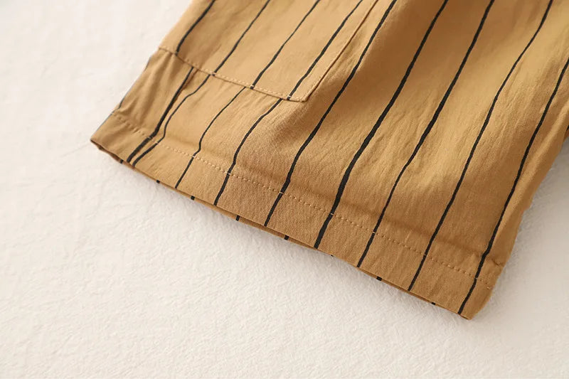 New Fashion Soft and Comfortable Children's Coffee Vertical Stripe Shirt Shorts Three-piece Set Kids Clothes Boys