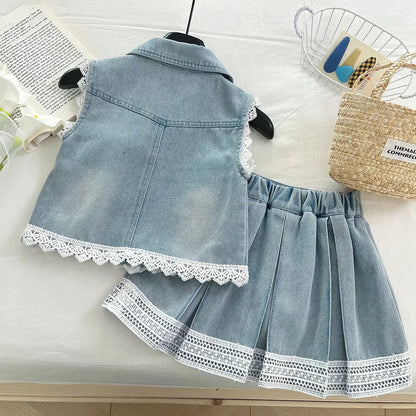 New Baby Girl Summer Denim Set, Children's Lace Splicing Top and Skirt Set
