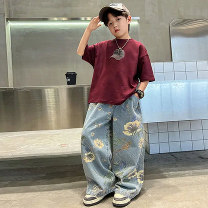 Boys' Summer Outfit Sets New Style Children's Short Sleeved T-shirt Long Pants Two-piece Suits Big Children's Stylish Sets