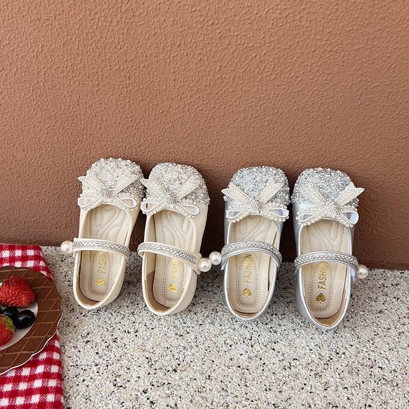 Girls Sparkly Rhinestone Bow Leather Shoes New Spring Toddler School Dance Flats Soft Sole Princess Kid Party Wedding Shoes