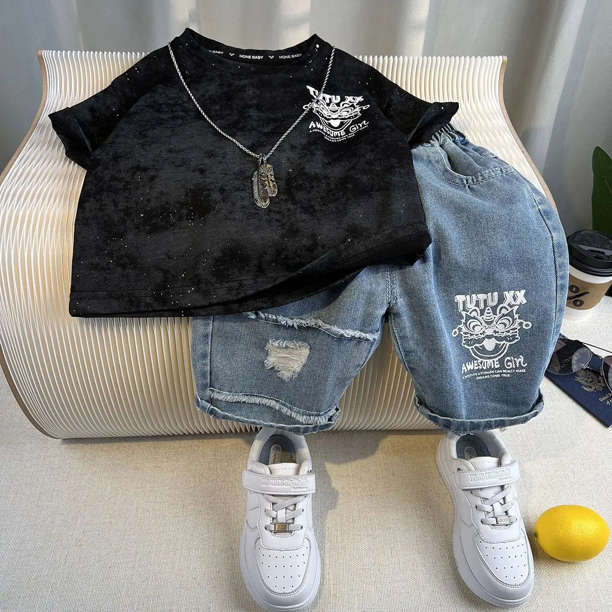 New Boys Fashion Summer Cotton Letter Printing T-shirts+Graffiti Denim Shorts 2pcs Set Kids Korean Outfits Sets Children Clothes