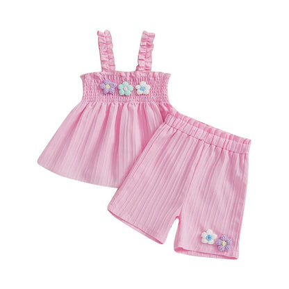 0-4years Baby Girl Summer Outfit 3D Flower Design Ruffled Trim Smocked Sleeveless Tops and Shorts 2 Pcs Set for Toddler girls