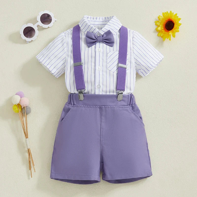 Boy Gentleman Outfit Vertical Stripe Print Short Sleeves Shirt with Bow Tie and Suspender Shorts Set for Formal Wear
