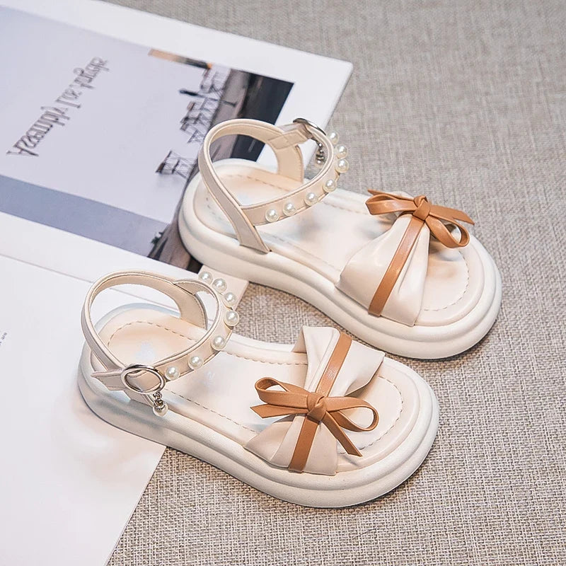 Girls Sweet Princess Sandals Soft Bottom Children Summer Beach Shoes Non-Slip Soft Sole Kids Flats Beading Sandals with Bow-knot