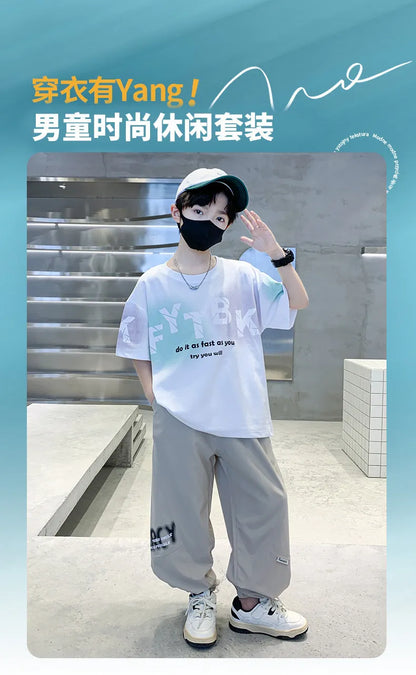 Teenager Boys Clothes Casual Outfit Kids Gradient Tracksuit Child t shirt + ankle tie pant