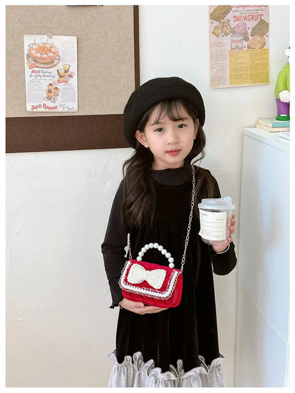 Sweet Bow Children's Small Square Shoulder Bag Sequin Lace Princess Girls Crossbody Bags Pearl Handle Coin Purse Handbags Gifts