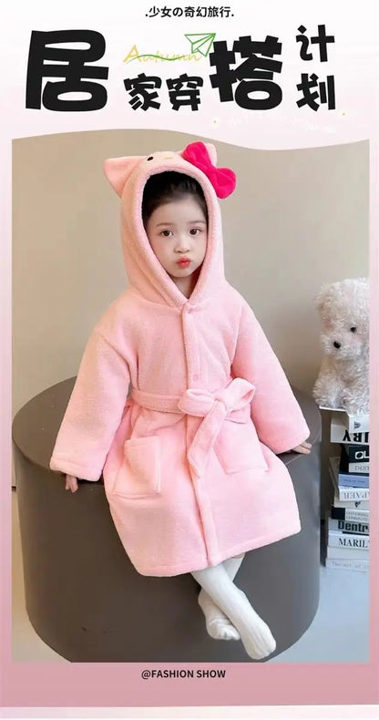 Sanrio Hello Kitty Children Bath Robe Pajamas Terry Cloth Girls Babies Toddlers Spring Winter Home Wear Hooded Cozy Sleepwear