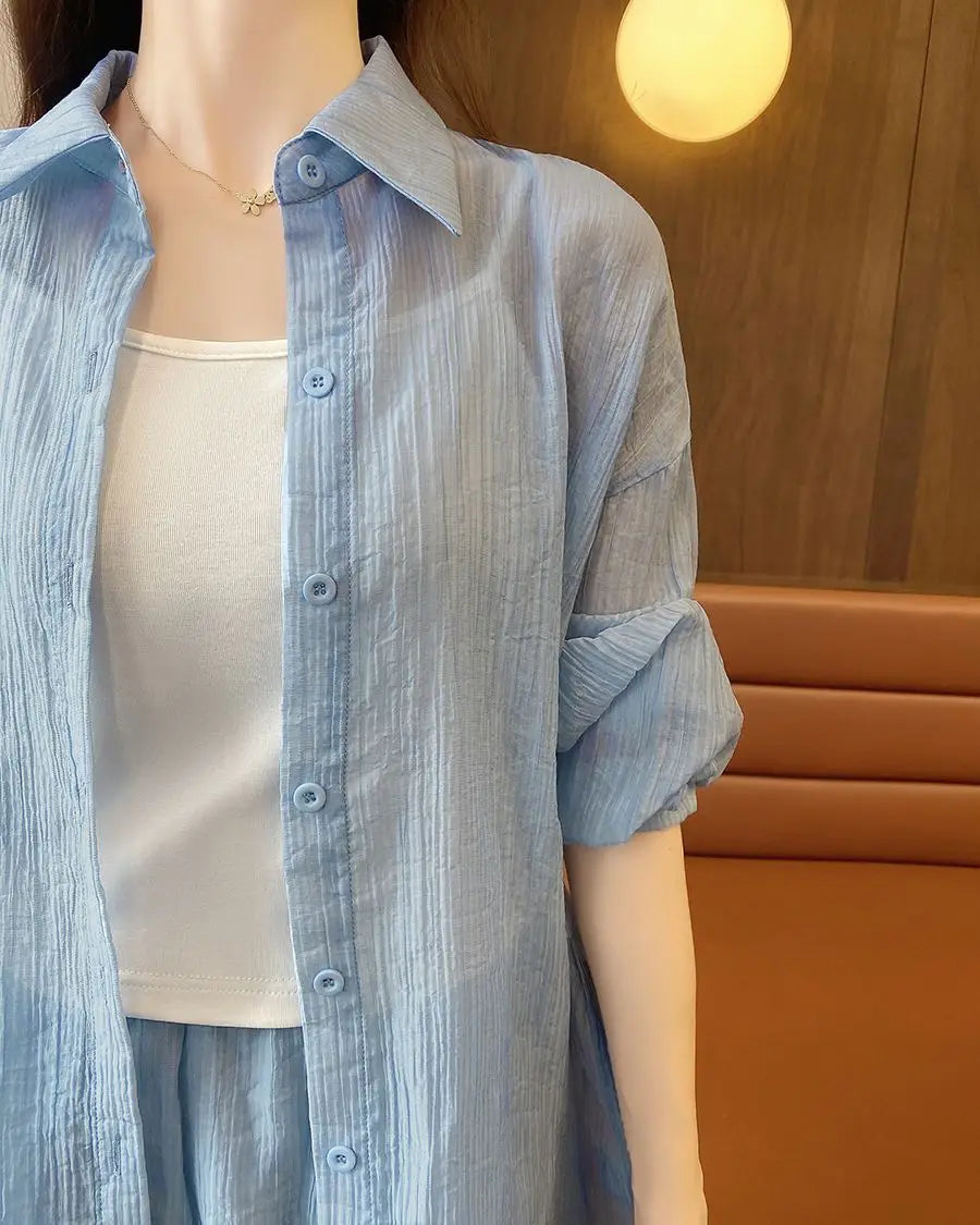 Spring and Summer Sun Protection Women's Set Stylish Loose Shirt Shorts High-end Elegant Women's Three Piece Set