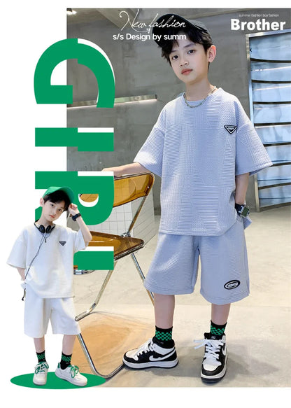 New Teenager Casual Outfits Children Trends Clothes Suits Kids Short Sleeves Tops+Baggy Pants 2Pcs