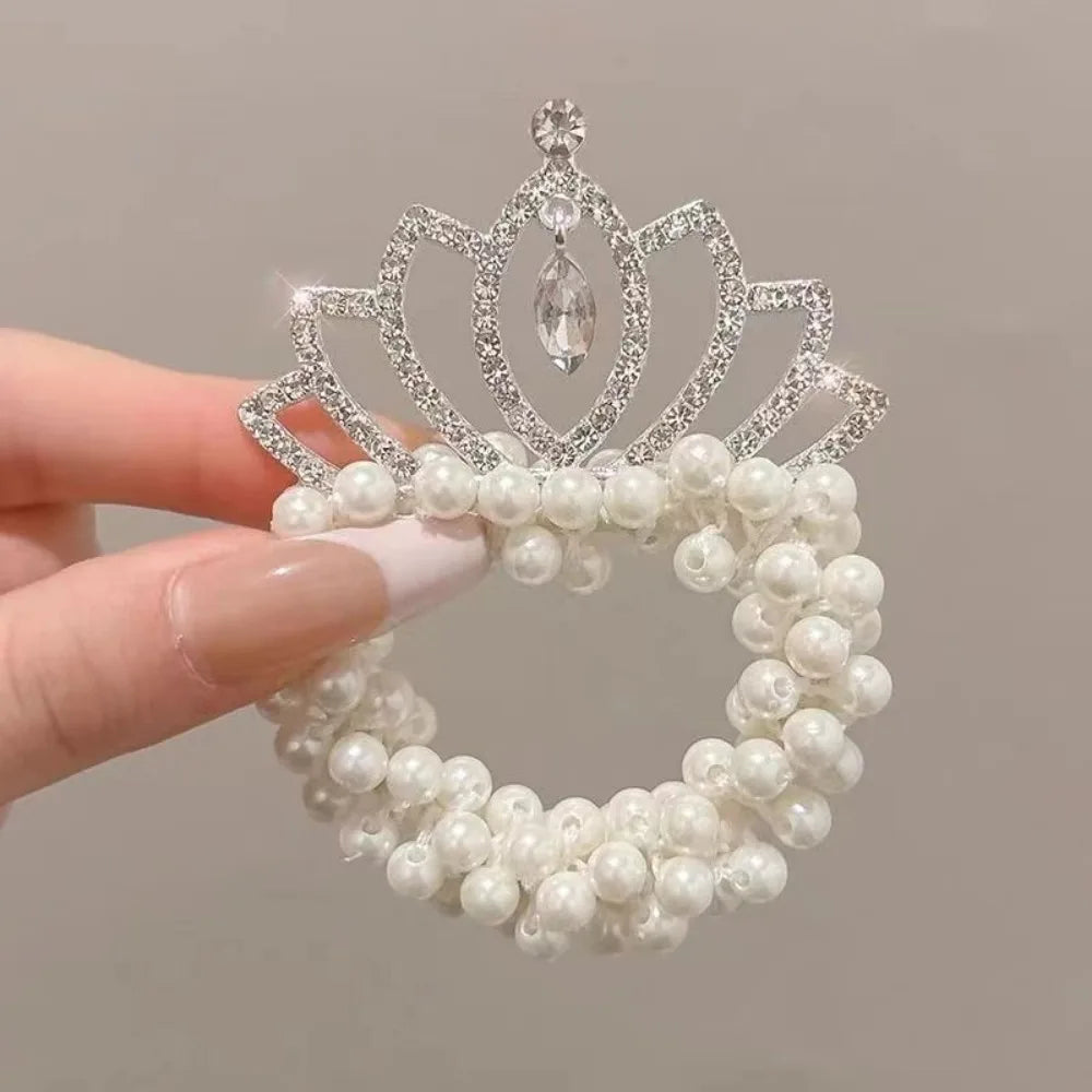 Fashion Pearl Crown Princess Cute Kids Hair Bands Elastic Rubber Bands