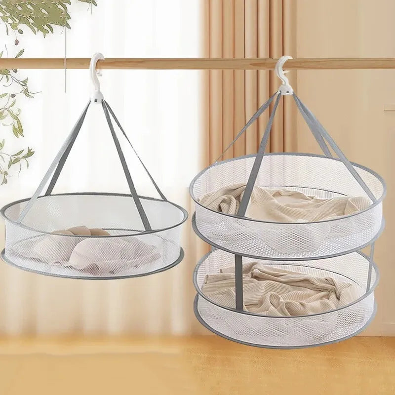 Foldable Hanging Dryer Basket - 1/2-Tier Mesh Drying Rack for Delicates, Baby Clothes & Towels, Space Saving Laundry Organizer