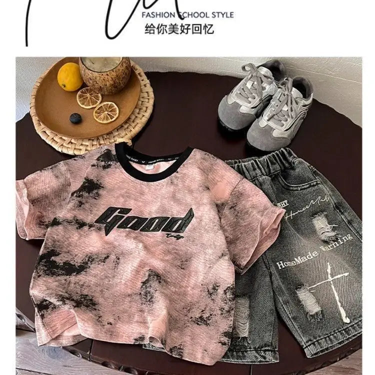Korean Boys Summer Children's Top and Bottom 2PC Sets Short Sleeve T-Shirt & Denim Shorts Kids Clothes 1-7 Years Black Toddler