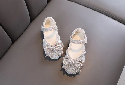 Girls Shoes Bling Single Shoes for Stage Performance Mary Janes Bow Crystal Glitter Wedding Flats Dance Party Leather Shoes New