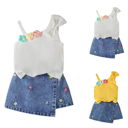 Small Fresh Jeans Skirts Sets Cute Baby Girl Comfortable And Breathable Set Cute Flower Embroidery Short Sleeve Skirt Two Piece