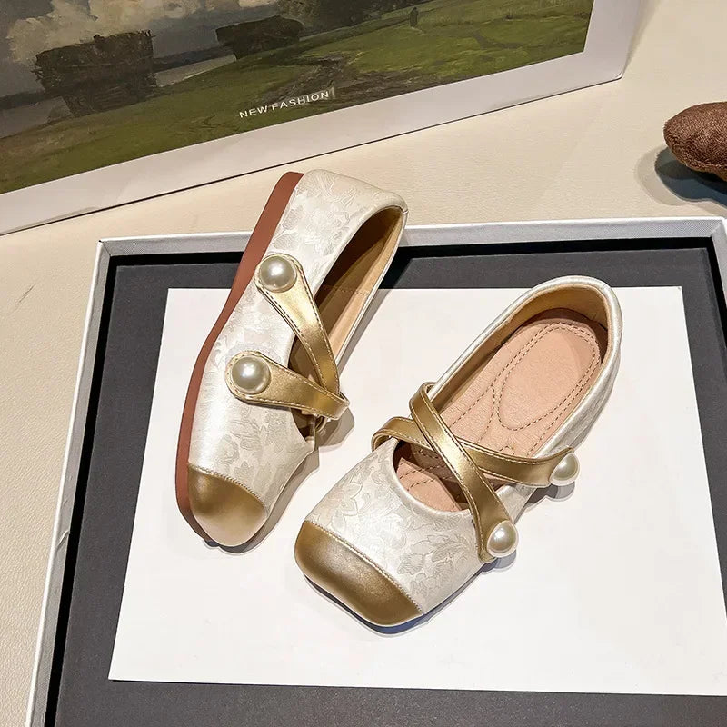 Spring Autumn Chinese Style Pearl Small PU Shoes Retro Versatile Girls Square Head Shallow Mouth Flats