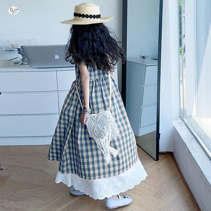 Summer Girls Retro Red Plaid Vest Dress 2-Piece Set Thin French Style Strappy Sundress Casual Vacation Outfit Teen Kids Clothes