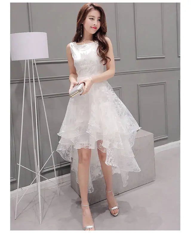 Summer High Low Retro Dress Vintage Women Sleeveless Front Back Short Long Organza Lace Dress Ladies Elegant Party Dress  (Available)
