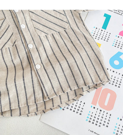 Set Children Unisex Summer New Style Cotton Stripe Pocket Shirt Polo Collar Shourts Fashion Casual Brief Versatile Korean