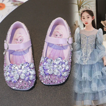 Disney Cartoon Pattern Elsa Princess Crystal Shoes for Girls Fashion New Style Baby Girl Low Heels Sandals Summer Fall Children