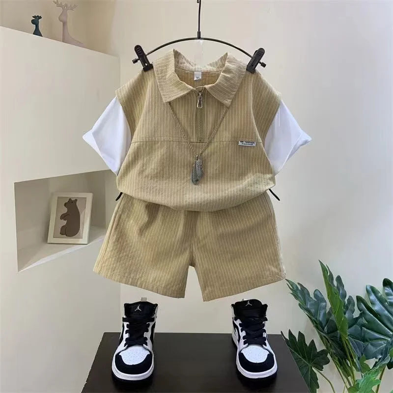 Fashion Summer Striped Half Zipper Cotton Short Sleeve Shirts And Pants 2 Piece Baby Boy Clothes Kids 1-8T Leisure Sport Outfits
