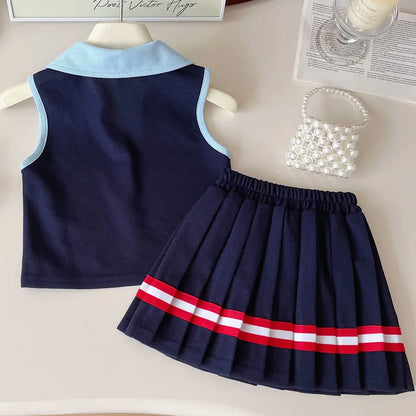 Baby Girl College Style Summer 2PCS Clothes Set Polo Collar Kid Girl Vest Top Set Thin Stylish Stripe Pleated Skirt Belle Outfit